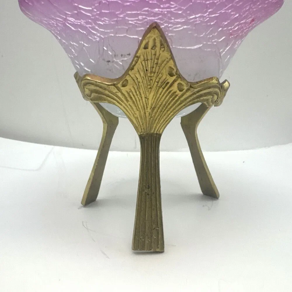Crackled Glass Bowl Vase Candle Holder Orb Ornate Brass Stand Purple 4x4.25